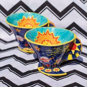 1996 Handmade Celestial Tea Cups Set of 2 | Sun Moon Stars Planets Ceramic Art